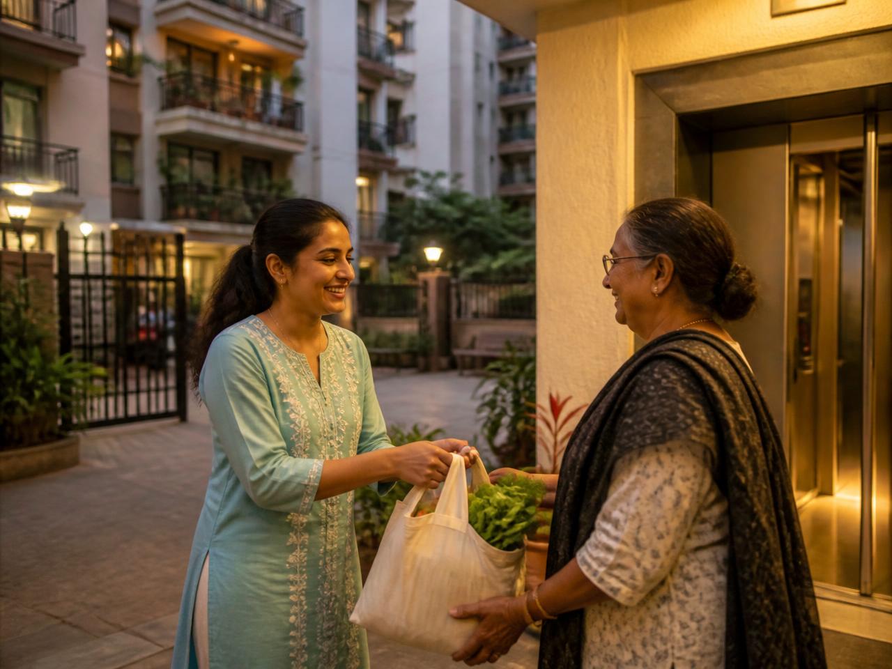 A neighbour handing a bag of vegetables to an older resident near the lift lobby of an Indian apartment society at dusk